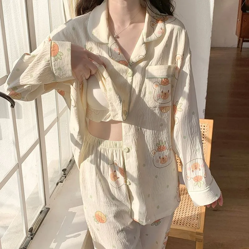 Women Pajamas with Breast Pad Cotton Long Sleeved Nightgown 2024 Latest Spring Autumn Pyjamas Lacework Doll Collar Nightdress