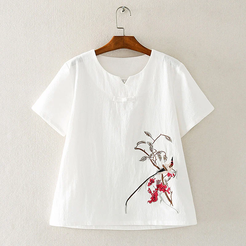Women's Linen Cotton Blend V-Neck Frog Button Embroidered Retro Chinese Style Blouse Short Sleeve Summer Wear for Adults