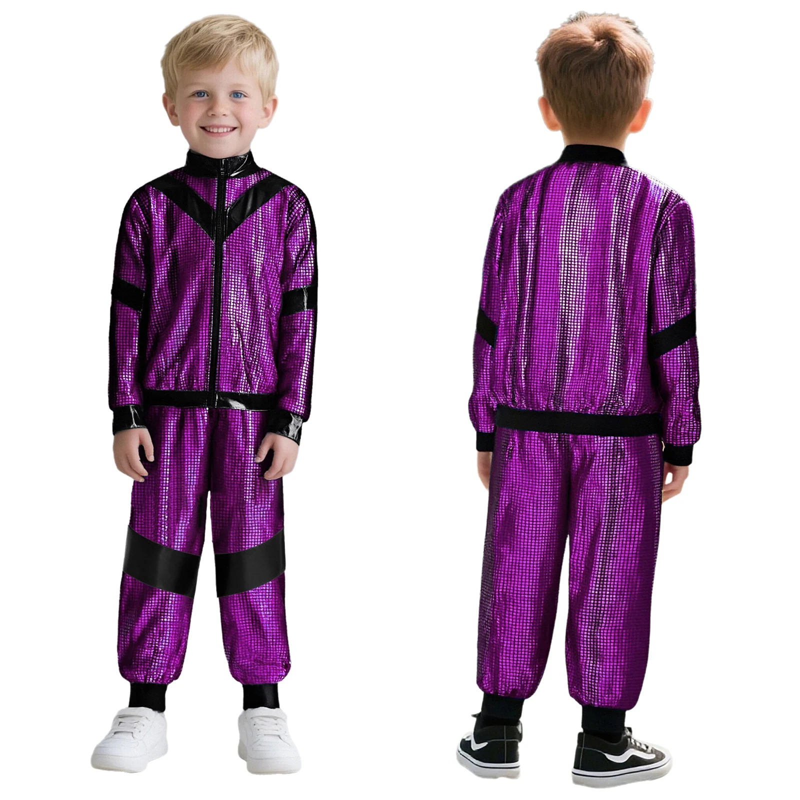 Boys Girls Hip Hop Jazz Street Dance Costume Long Sleeve Metallic Plaid Zipper Jacket with Pants School Show Stage Dancewear