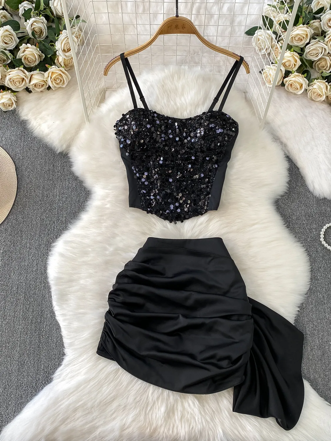 Women's 2 Piece Sets Yellow Crop Top with Skirt Outfits Vintage Y2k Flower Print Sequins Skirt Sets 2000s Clothes Autumn 2026