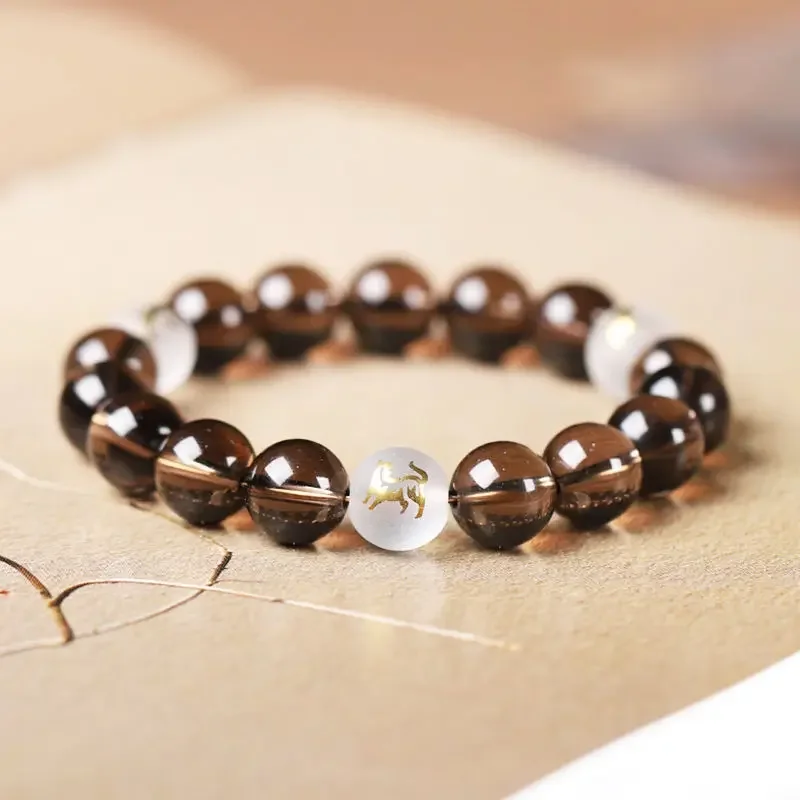 Natural Tea Crystal Chinese Zodiac Loong Rat Triple Bracelet Men's Smoke Crystal Hand String Ink Jewelry Women's Birthday Gifts