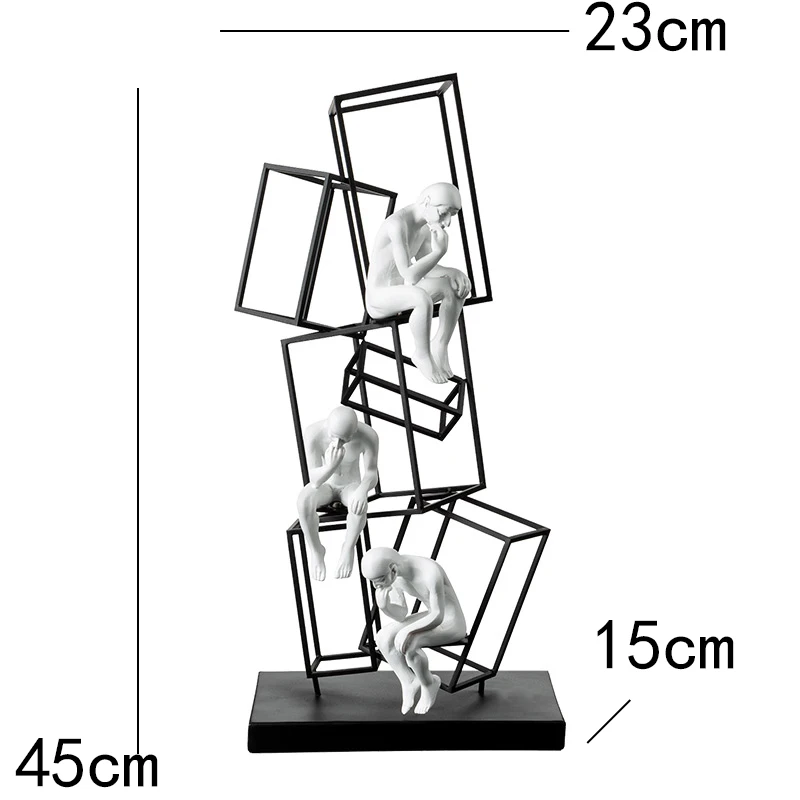 Modern Abstract Think Figures Sit On Geometric Metal Superimposed Square Frame Statue For Home Hotel Soft Art Decor Ornaments