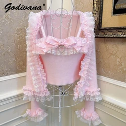 Princess Lolita Lace Edge Mohair Sweater Cardigan Bow Heart-Shaped Slim-Fit Short Sling Autumn Women's Knit Top Two Piece Set