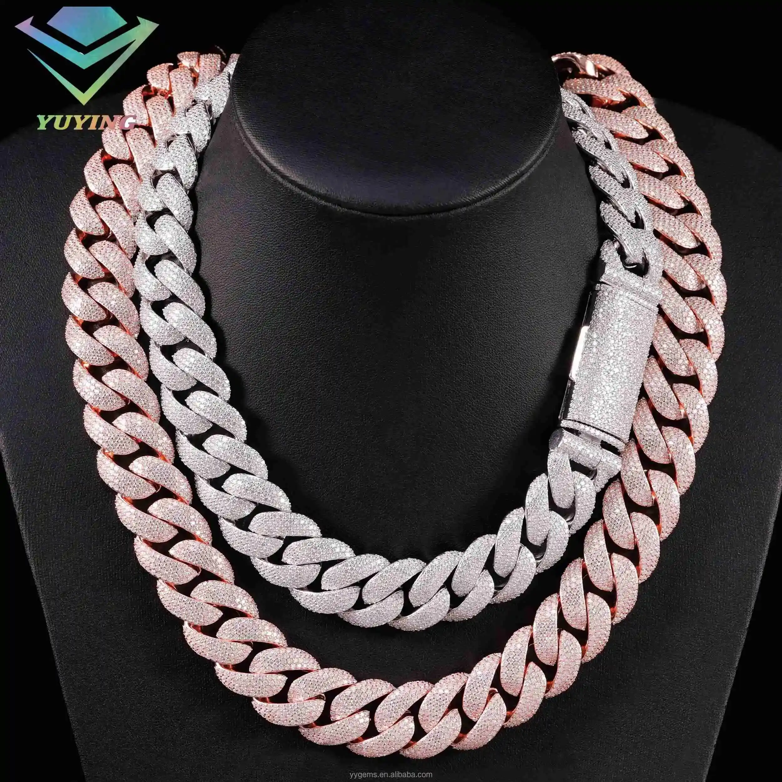 Luxury High Quality Hip Hop Ice Out Fine Jewelry Rose/White Diamond 20MM 925 Sterling Silver Moissanite Miami Cuban Link Chain N