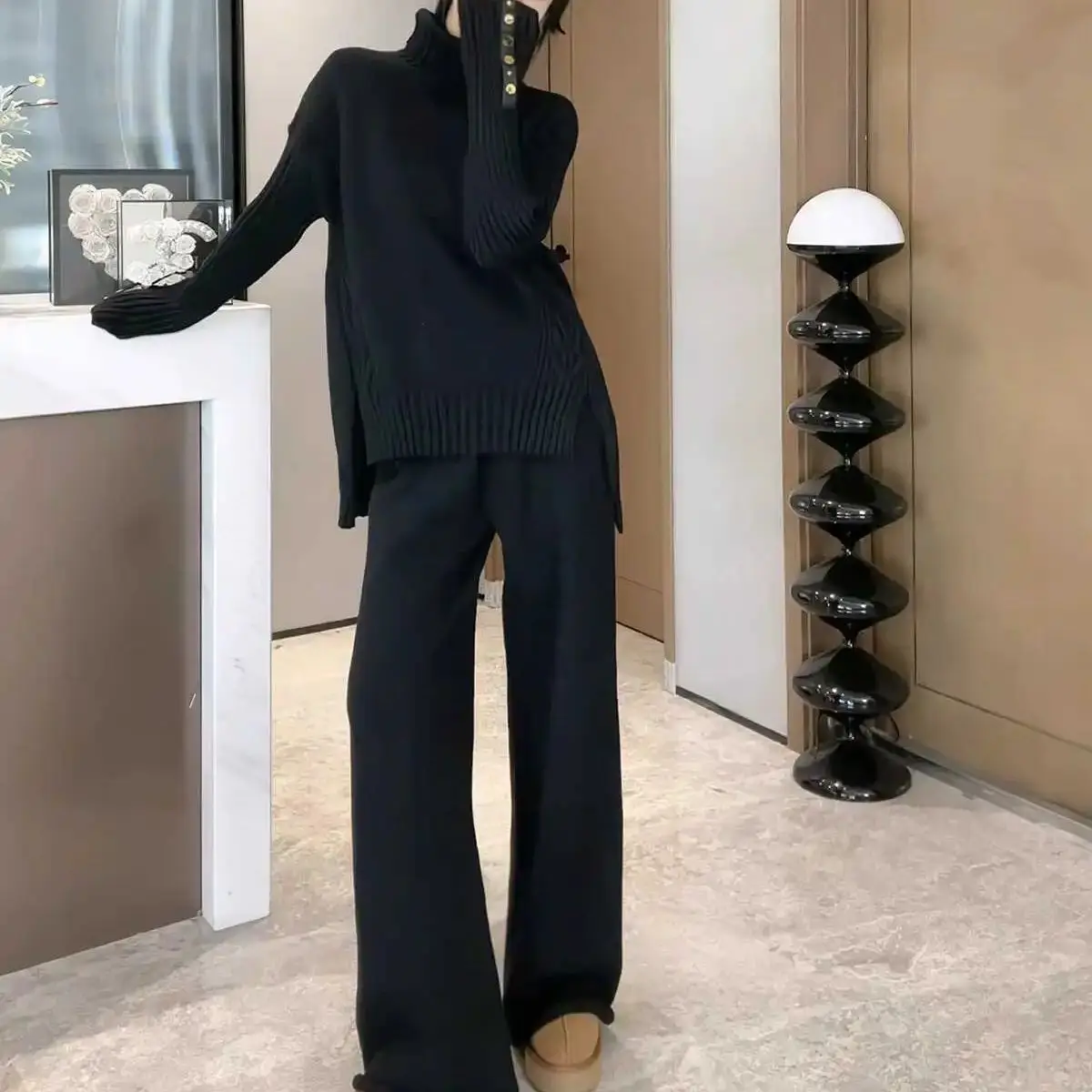 

REALEFT 2025 новые осенне-зимние женские комплекты из 2 предметов, вязаный спортивный костюм, водолазка, разделенный свитер и прямой костюм для бега