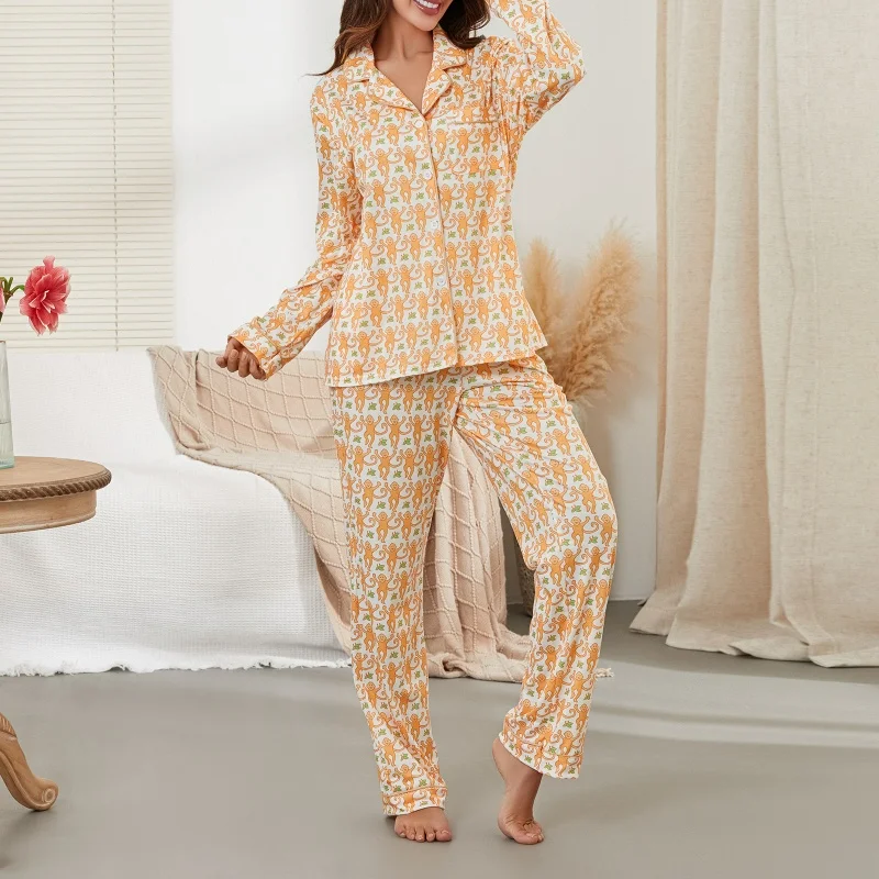 Monkey Pajamas for Women Preppy Style Sleepwear Set Cartoon Print Single Breasted Long Sleeve Tops and Trousers 2000s Loungewear