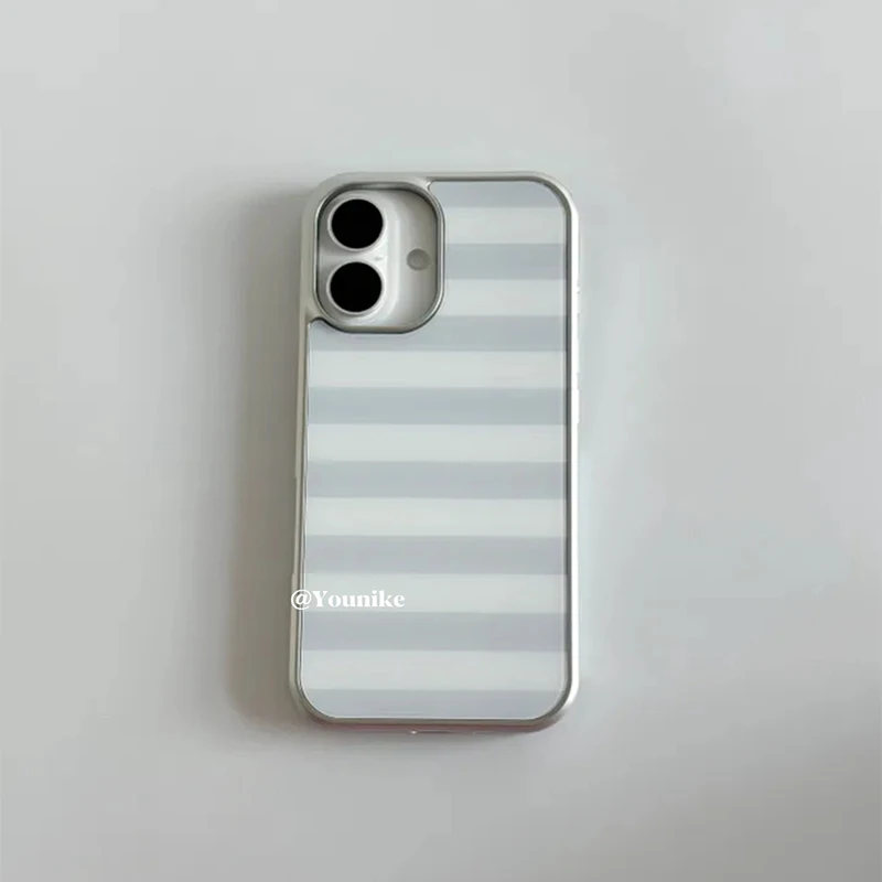 Funda coreana con rayas grises y blancas, electroplateada y con efecto goteo, para iPhone 17 Air 16 Pro Max 15 14 Plus 13 12 11