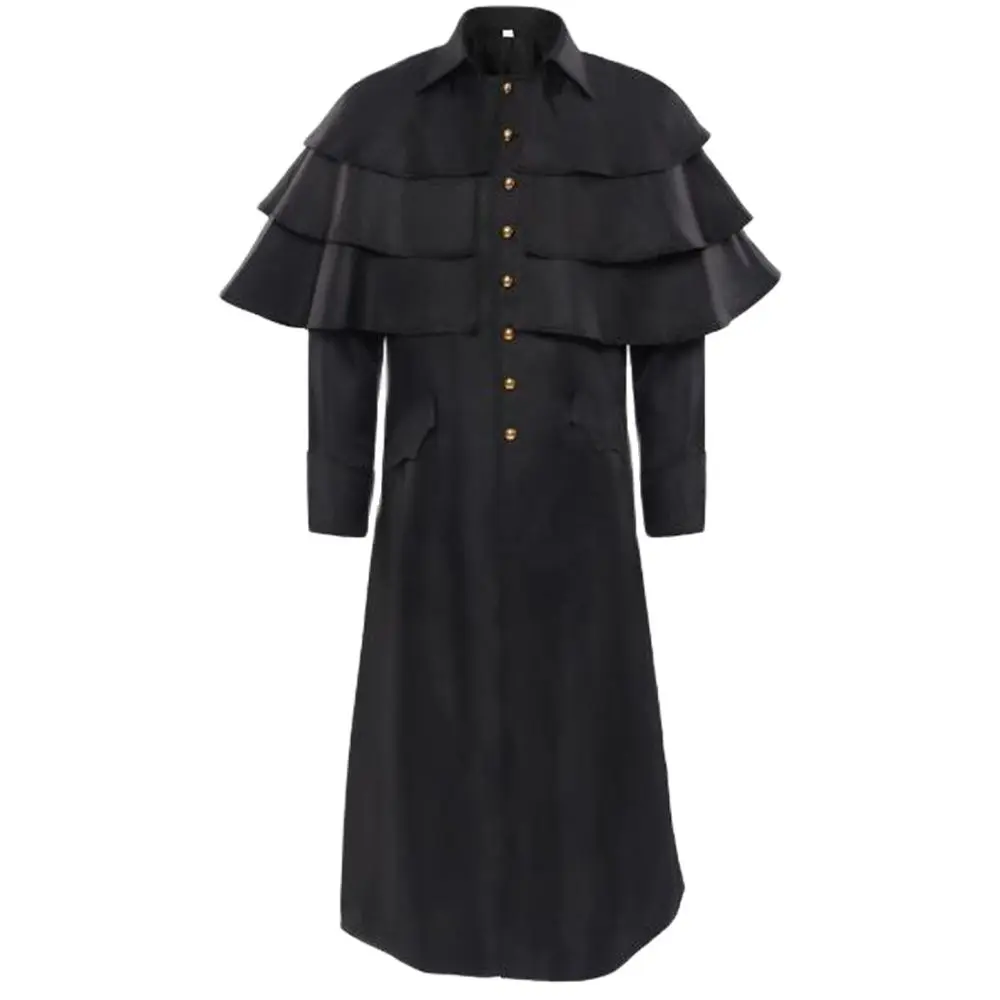 Men  Stand Collar Minister Choir Roman Pastor Medieval Church Priest Robe Layer Cape Trench Jacket Cassock Clergy Preacher