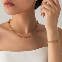 Golden Thick Chain Round Cuban Chain Bracelet 18K Gold Plated Titanium Steel Women's Necklace Single Layer Stainless Steel Set A