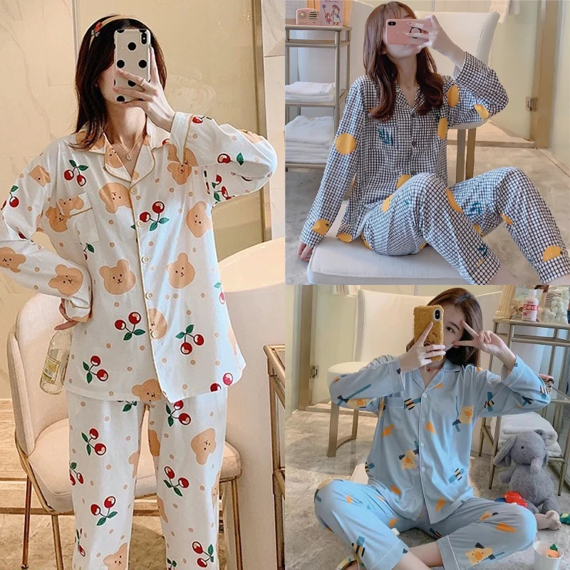 2PCS/Set Women\'s Pajamas Long-Sleeved Cardigan Autumn Winter Loose Casual Homewear Cherry Cartoon Bear Pattern Sweet Kawaii Girl