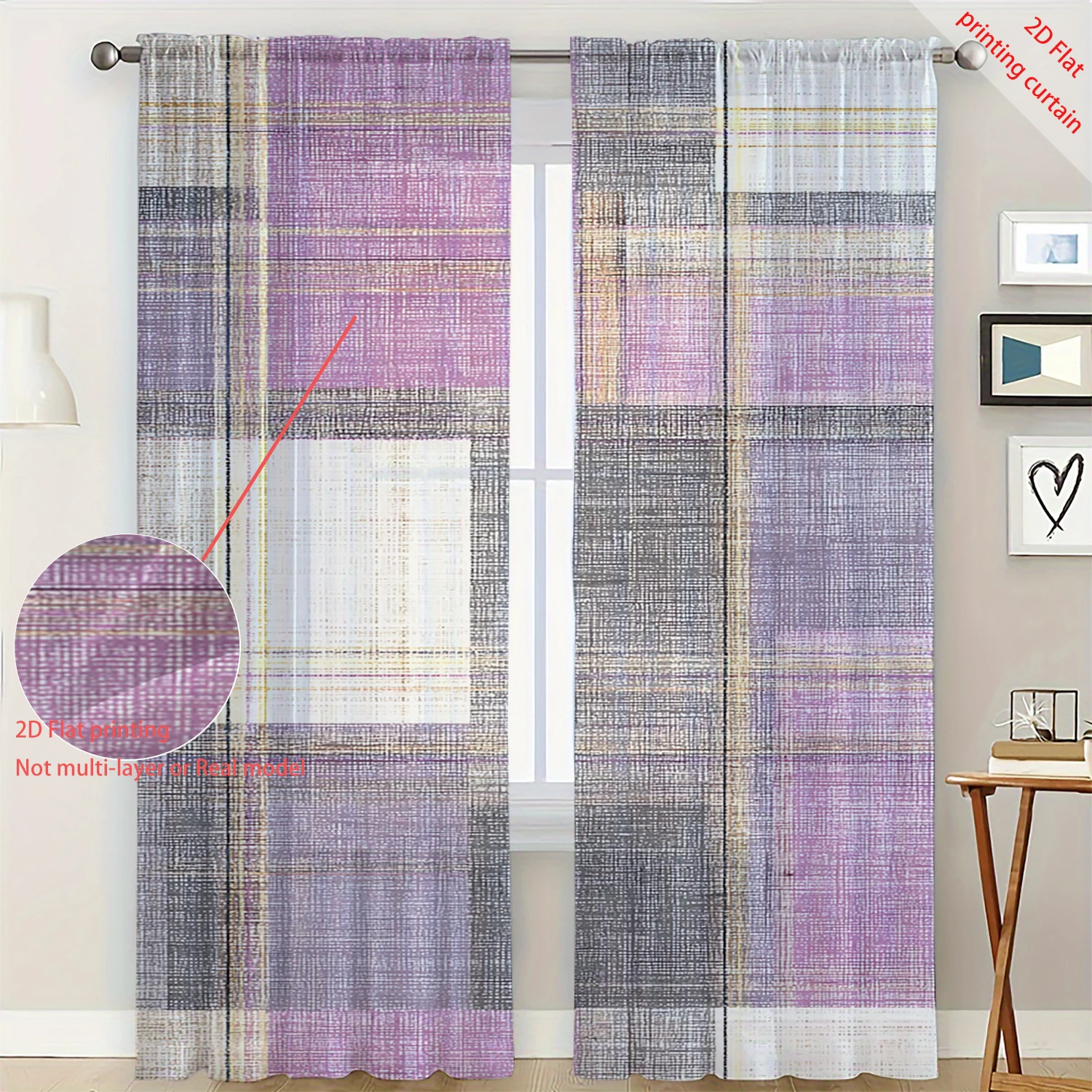 2 Pieces HD Digital Colored geometric blocks Printed Window Screen Home Decor Style Decoration Living Room Bedroom Rod
