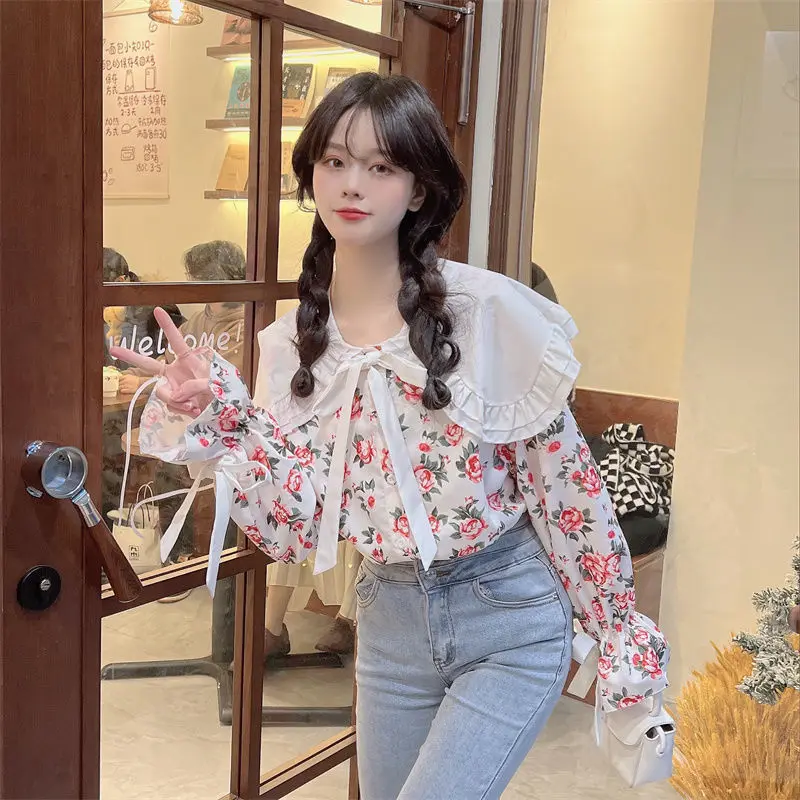 Sweet Loose Bandage Blouse Spring Autumn New Long Sleeve Printing Patchwork Bow Korean Shirt Tops Fashion Y2K Women Clothing