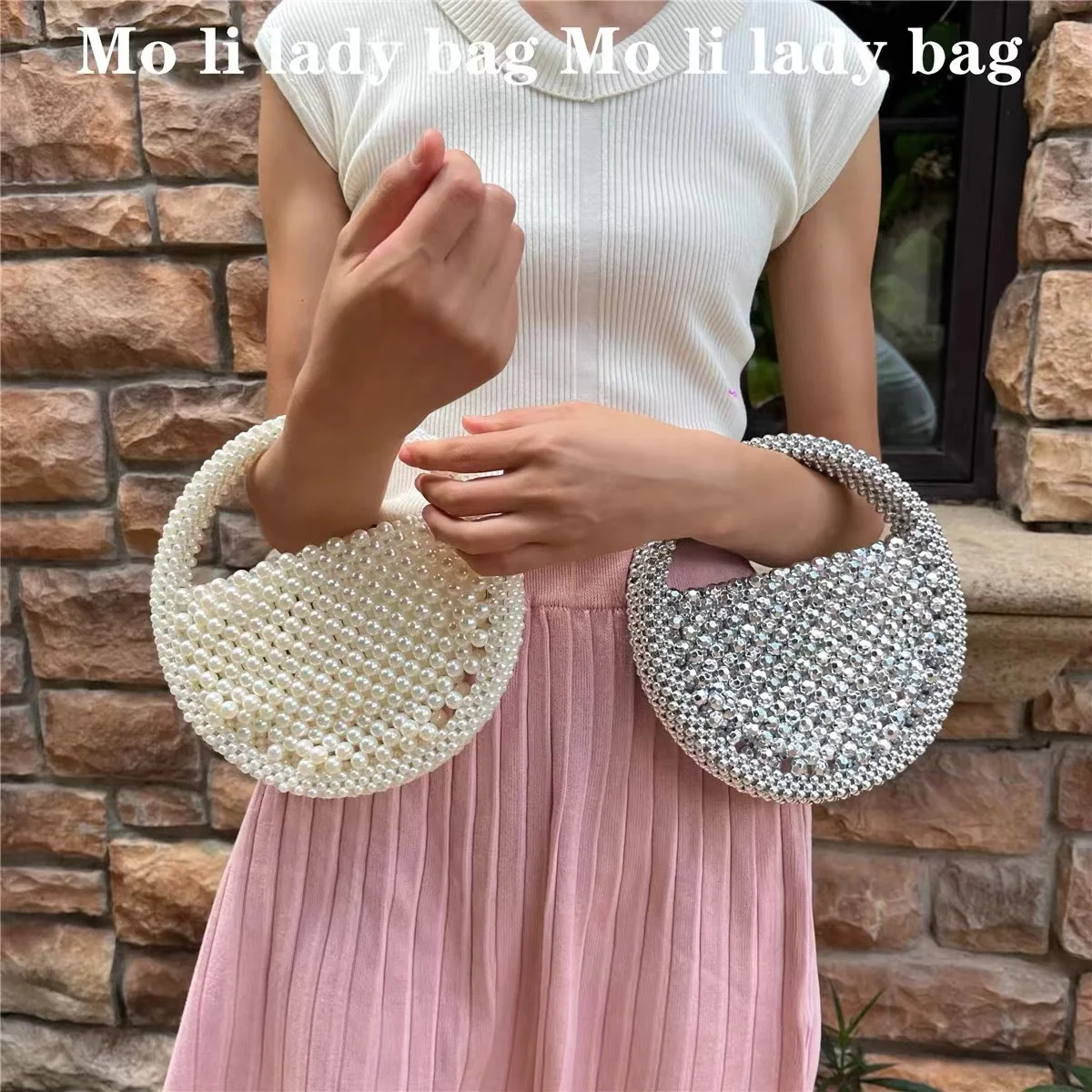 Shiny Beads Beading Woven Handmade Circular Bag Women Fashion Handbag Hollow Out Casual Bag Female Shoulder Bag Mobile Phone Bag