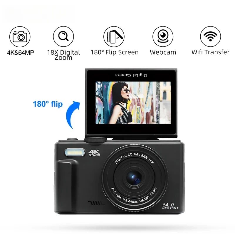 

Digital Photography Camera 4K WiFi WebCam, 18X Digital Zoom 180° Flip Screen, Vintage Vlog Video Recorder for YouTube & Selfie