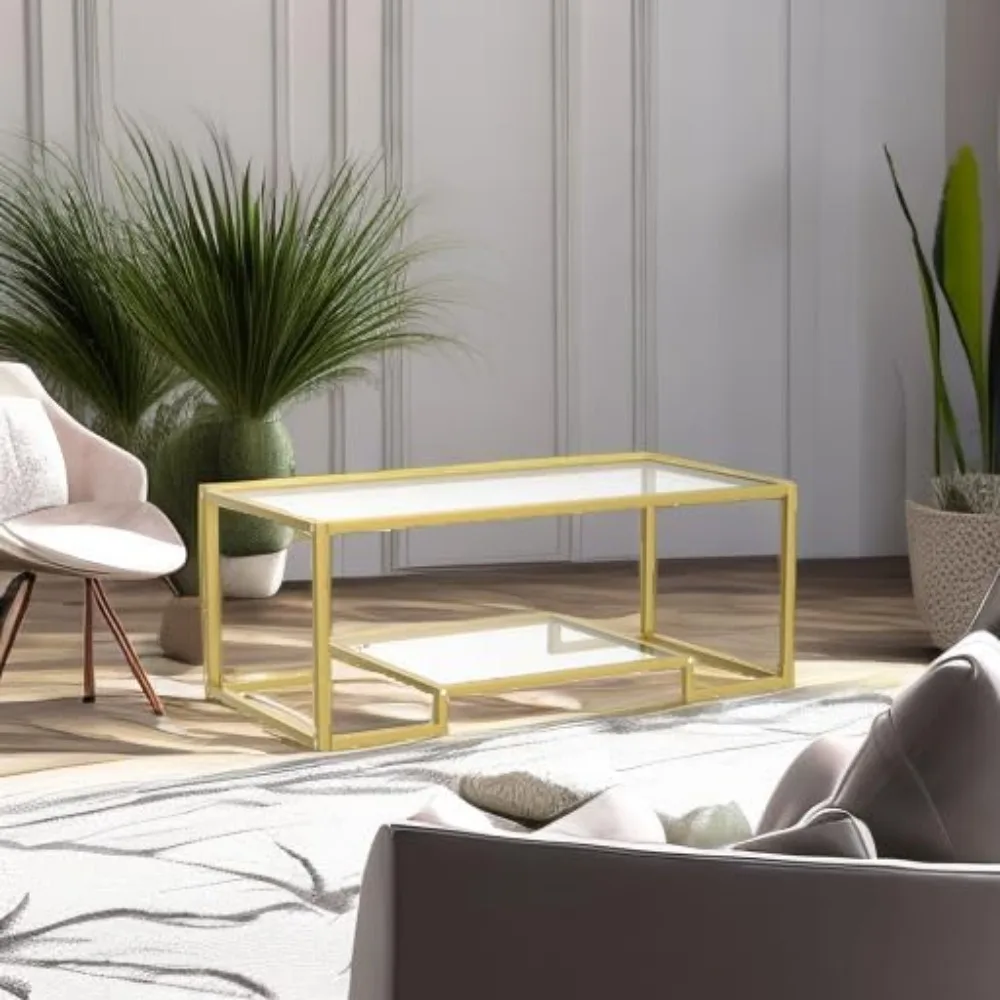Mesa de centro de vidro temperado, mesa central moderna retangular dourada de 45 polegadas com prateleira de armazenamento inferior