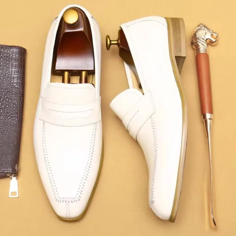 British Trend Mens Dress Shoes Loafers Luxury Genuine Leather Designer 2024 Summer New White Wedding Business Social Shoes Man