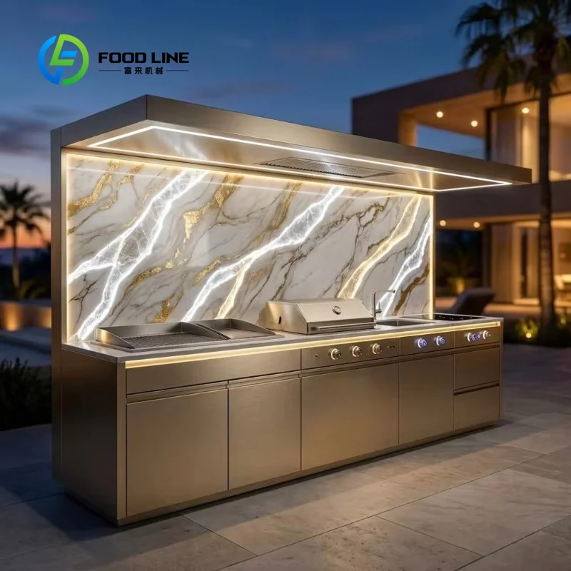 Weatherproof Modular Outdoor Kitchen Cabinet System with Integrated Wine Cooler BBQ Grill for Rooftop Patio 304 Stainless Steel