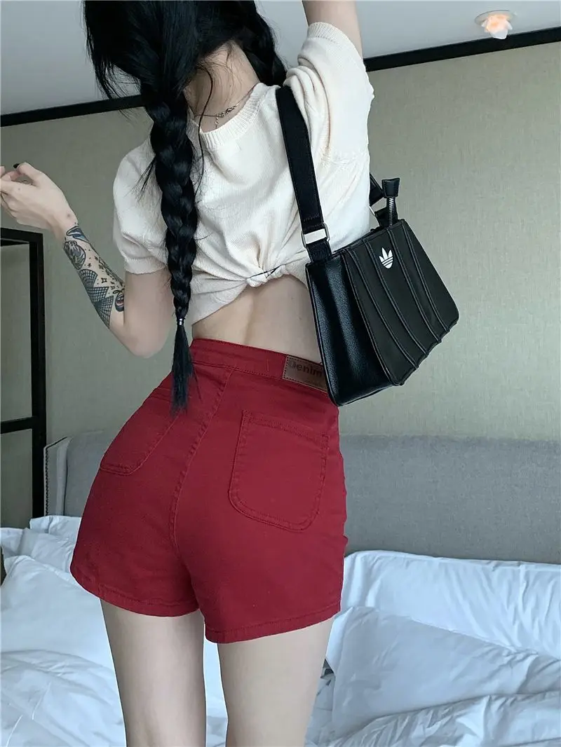 Pantaloncini di jeans di alta qualità rosso stretto donna caldo dolce estate tempo libero studente a vita alta Harajuku Y2k coreano tutto-fiammifero moda