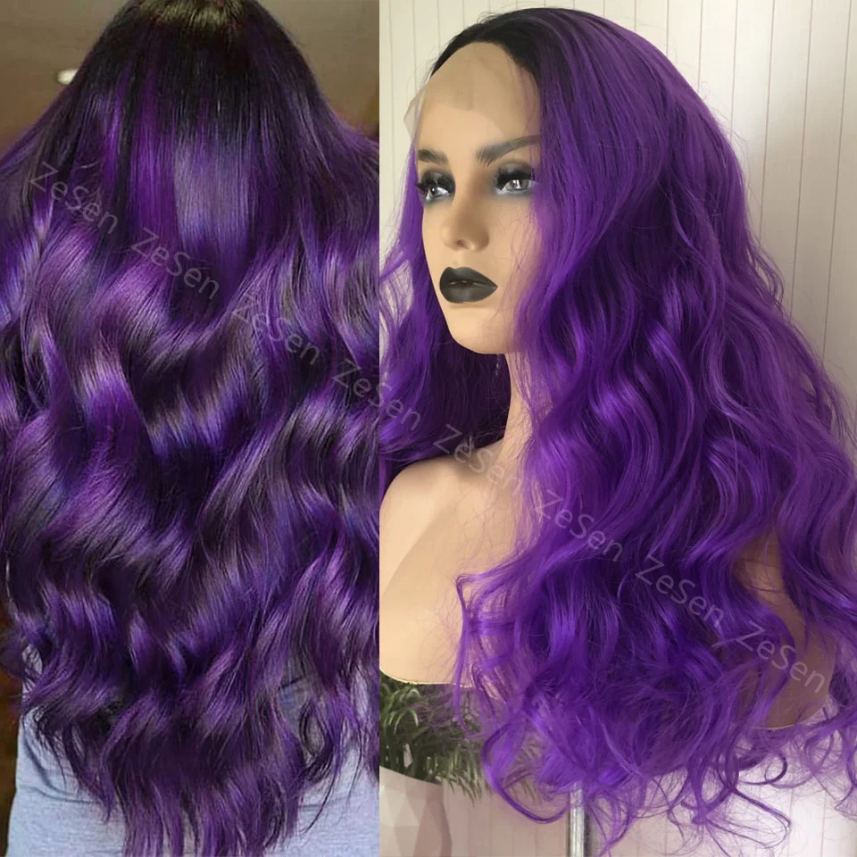 

Long Wavy Hair Black Purple Wig Ombre Synthetic Lace Front Wigs For Women Body Wave Heat Resisistance Fiber 26 Inch Daily Wear