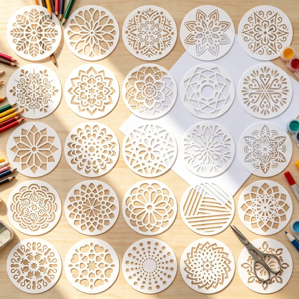 25pcs Circular Mandala Templates 5.8in Circular Mandala Templates Hollow Design Suitable For Rock Wall And Furniture Decoration
