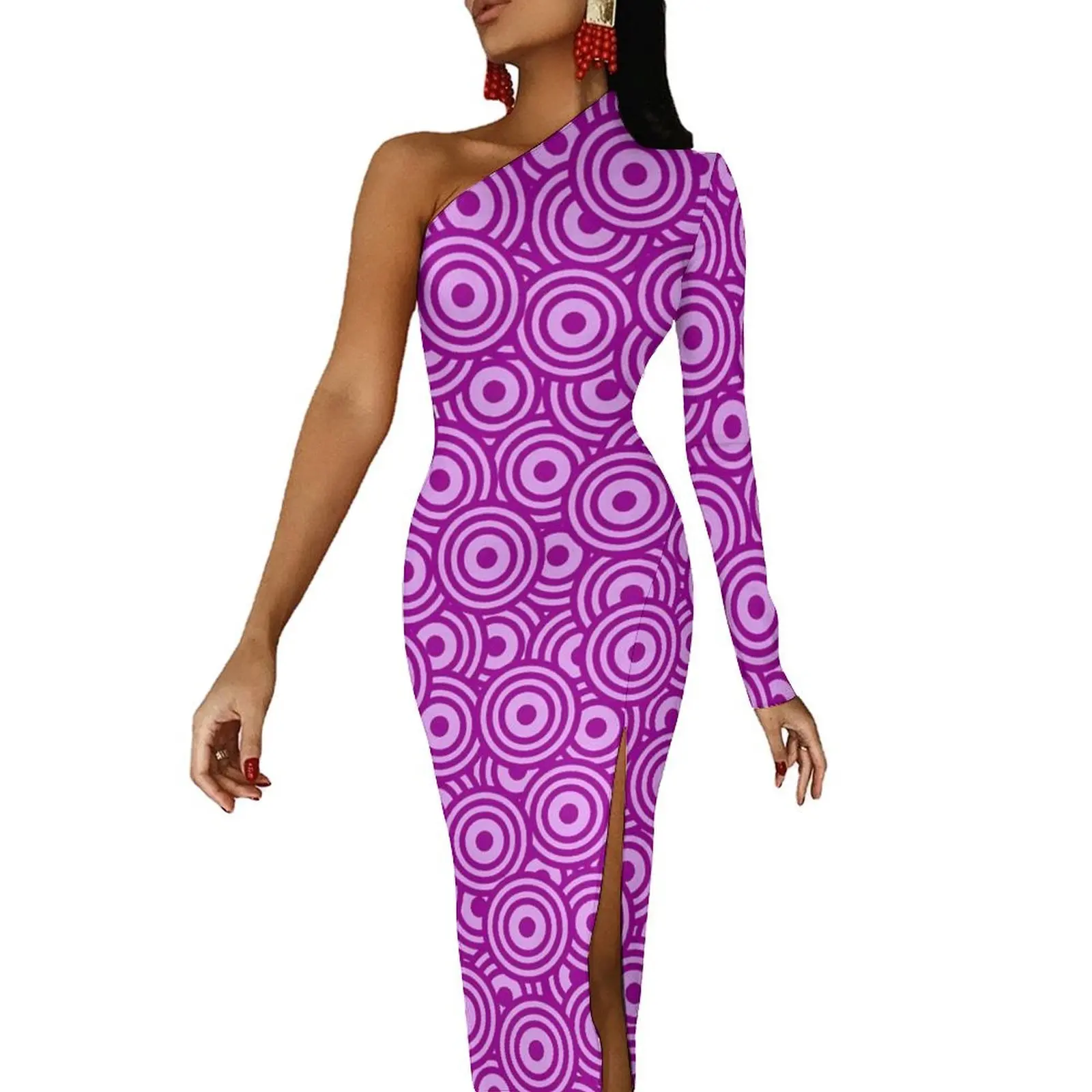

Curve Print Maxi Dress One Shoulder Pescara Purple Vintage Bodycon Dress Autumn Party Long Dresses Ladies Printed Vestidos