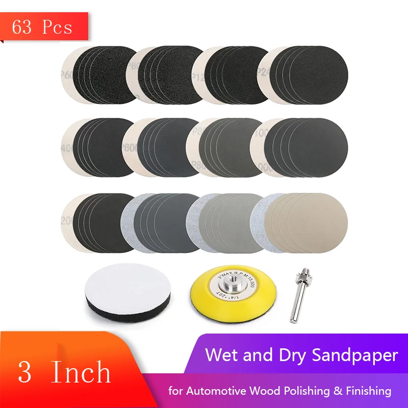 

3 Inch Wet and Dry Sandpaper 63Pcs Hook and Loop Sanding Disc with 1/4” Backing Pad for Wood Furniture Finishing Drywall Sanding