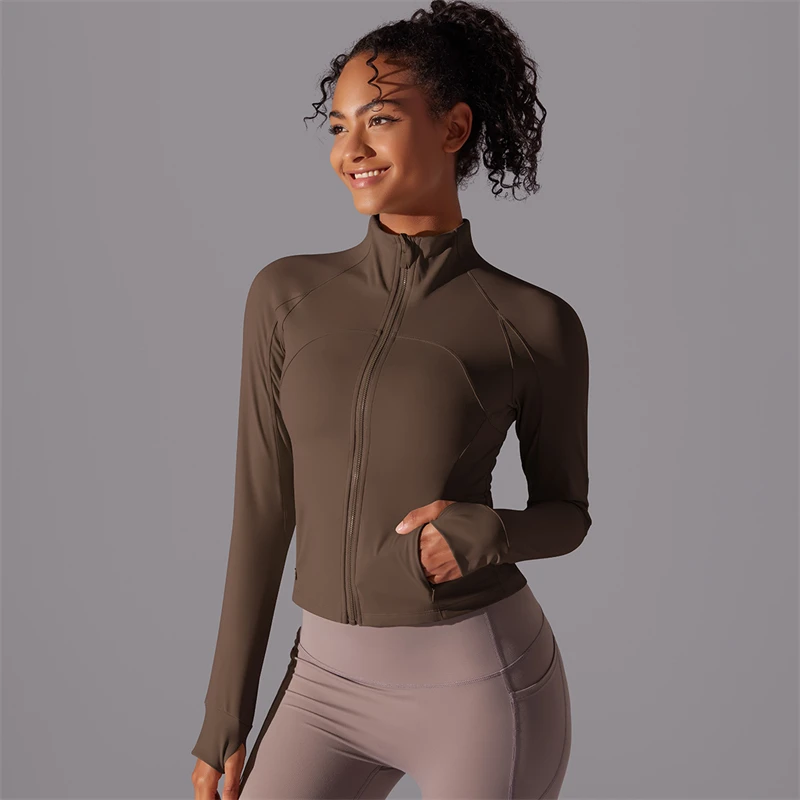 Solid Color Sports Jacket Women Gym Sportswear Running Workout Tops Fitness Yoga Coat Long Sleeves Zip Jackets With Thumb Jack