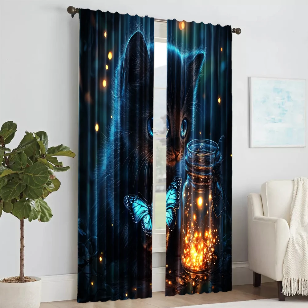 2 pcs, versatile polyester transparent curtains for home decoration Blue Butterfly & Cat for use in bedrooms and living rooms