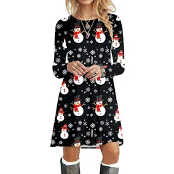 Sukienka damska Boże Narodzenie Snowman Party Mini sukienka Casual Fashion Printed Round Neck Sukienka z długim rękawem Klasyczne sukienki świąteczne