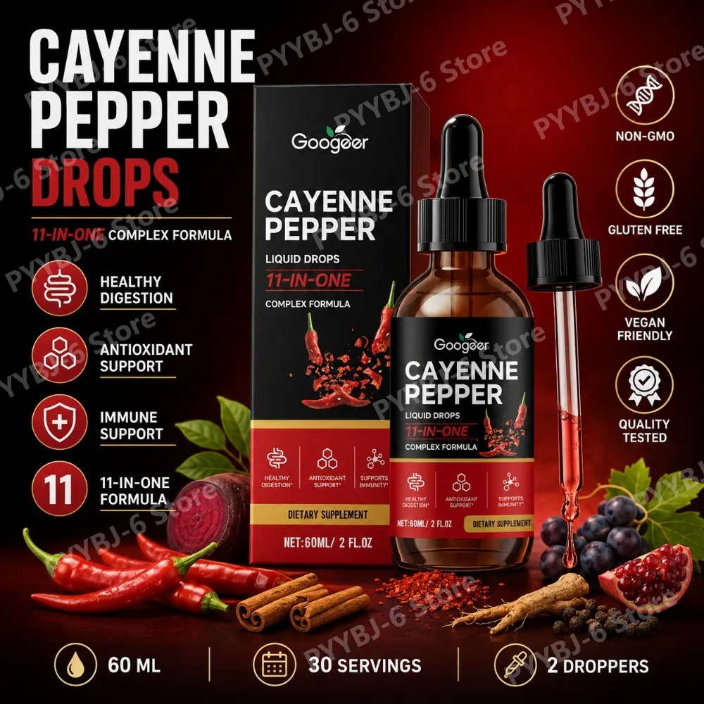 Googeer Cayenne Pepper Liquid Drops 11-in-1 with Vitamin K2 D3 Cinnamon Beet Grape Seed Supports Digestion Immunity Antioxidant