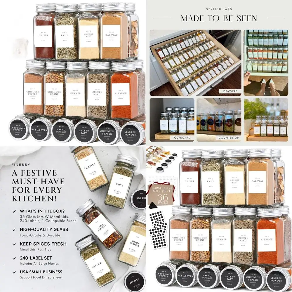 

Farmhouse Style 36-Piece Clear 4oz Spice Jars with Metal Lids and Shakers, Labeled Seasoning Containers for Kitchen