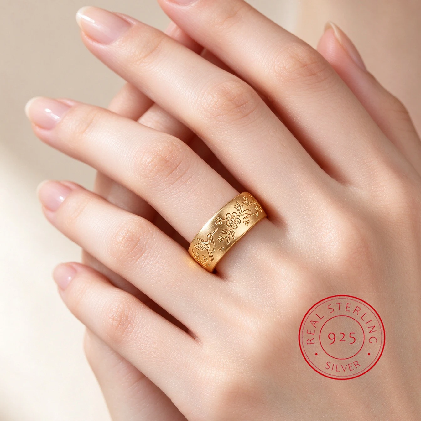 Vintage Engraved Hummingbird Flower Ring 14K Gold Plated Wide Band Bird Floral Carved Stackable Wedding Band Women Fine Jewelry