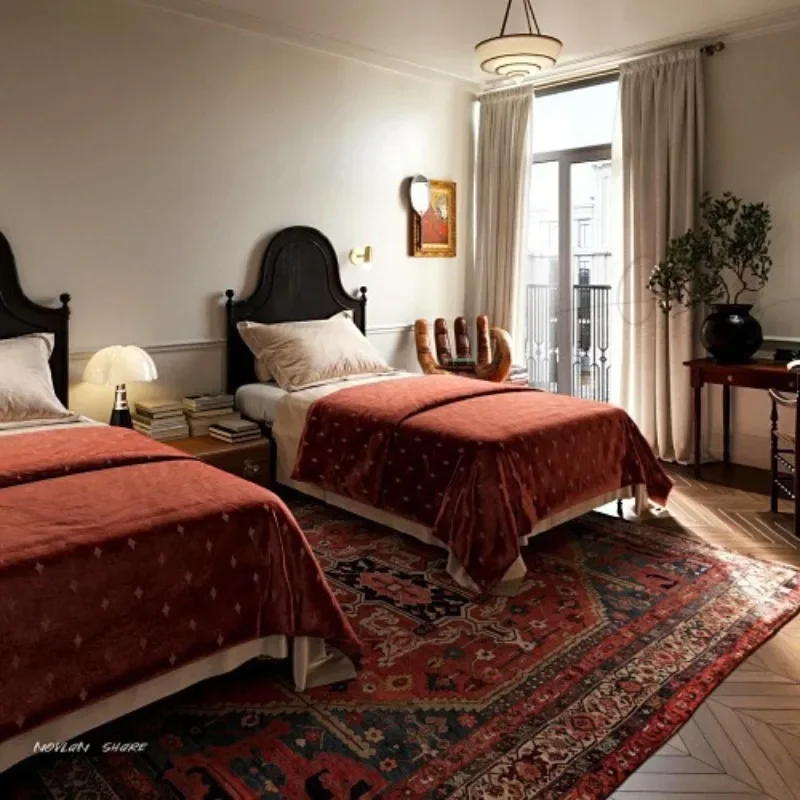 سرير فردي من الخشب الصلب الفرنسي القديم مزدوج بسيط لغرفة النوم الأوروبية سرير كلاسيكي عالي الظهر من خشب البلوط الأسود #5