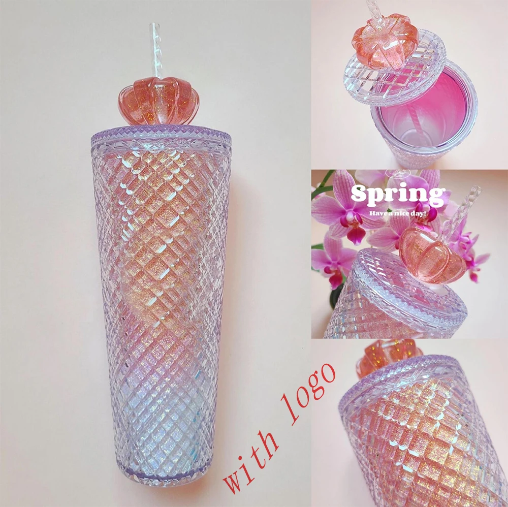 Plastic Durian Cup Cross-border Amazon Same Style Grid Straw Cup Crown Valentine Day Limited Double Layer Studded Cold Drink Cup