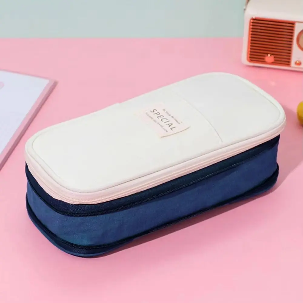 Polyester Simple Student Pen Bag Diagonal Color Blocked Storage Pencil Bag Multilayer Organizer Macaron Pencil Case Boy Girl