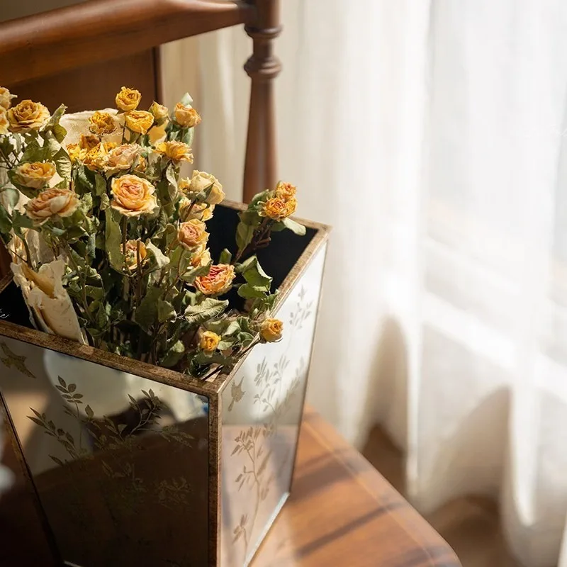 Mirror Trash Can Easy Clean Floral Pattern Waterproof Tabletop Storage Medieval Retro Gold Edge Design Household Cleaning Tools