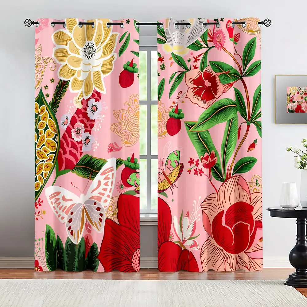 Pink Floral Butterfly Printed Curtains 2 Panels Light Blocking Rate 85% Darkening Decoration Curtains Vintage Home Window Shade