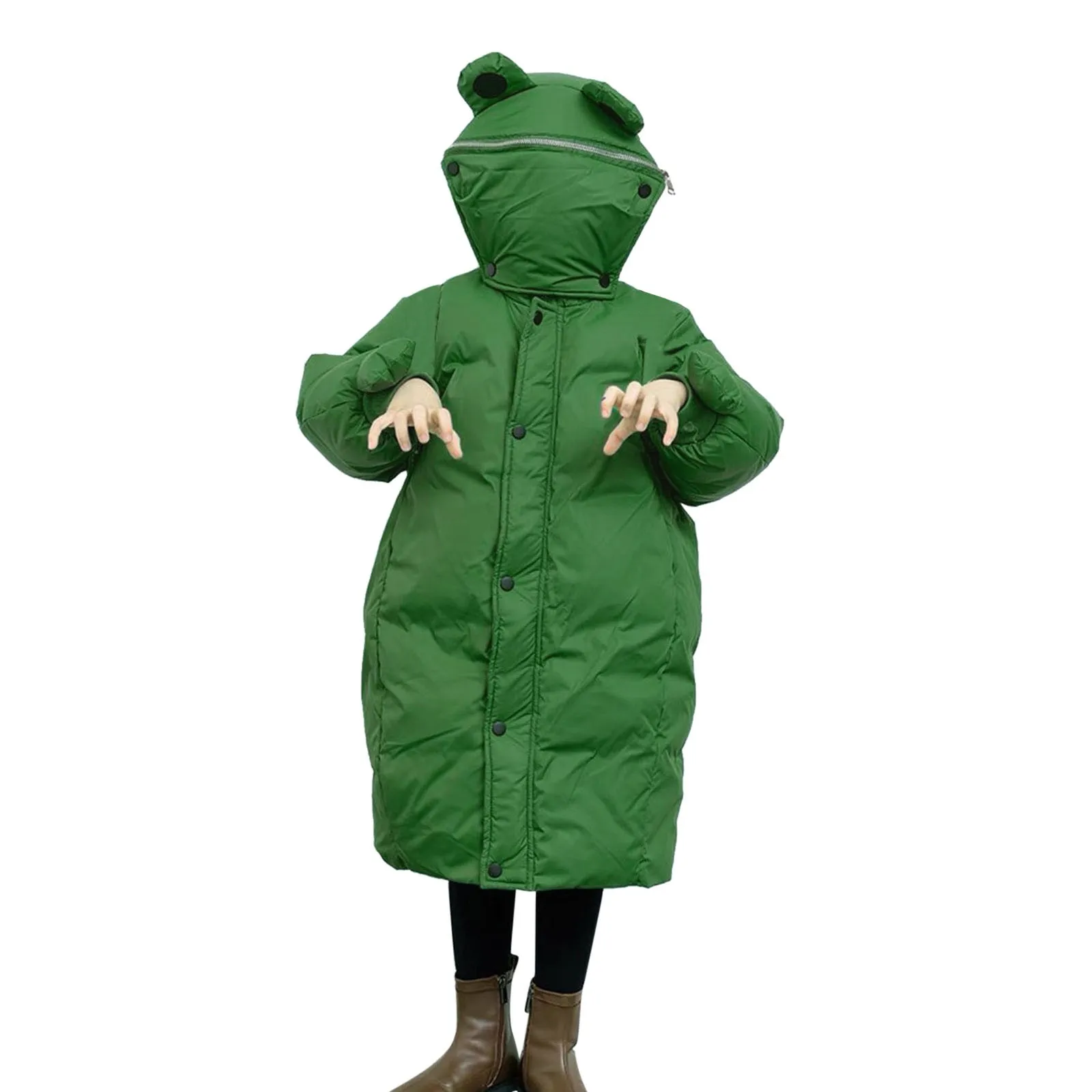 Cartoon Cute Down Jacket Women Autumn Winter Green Thick Quilted Jacket Coat Long Sleeve Hooded Long Parkas Female Outwear