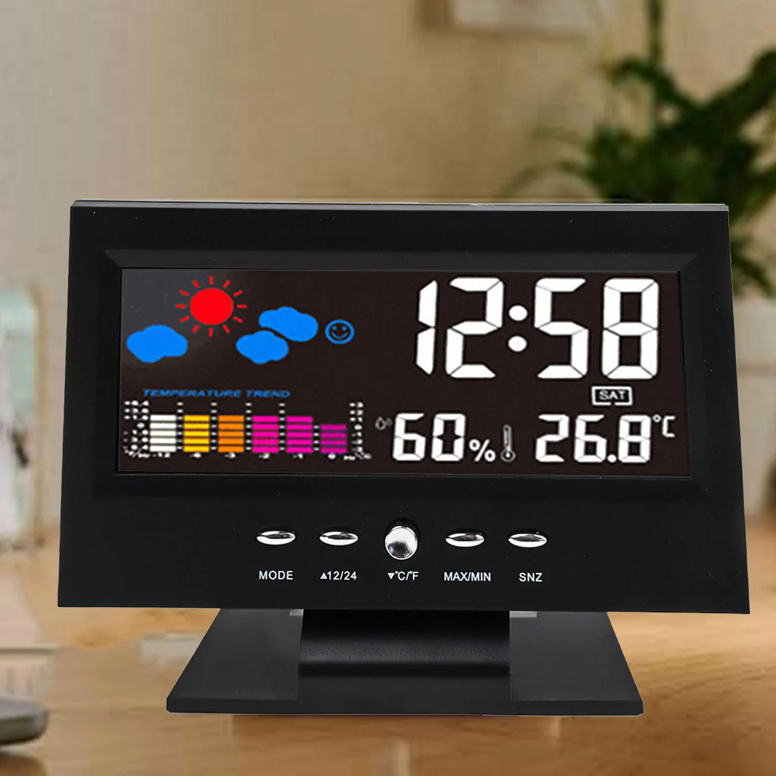 Thermometer and Hygrometer Weather Station with LCD Display Clock Features including Alarm and Voice Control for Convenience