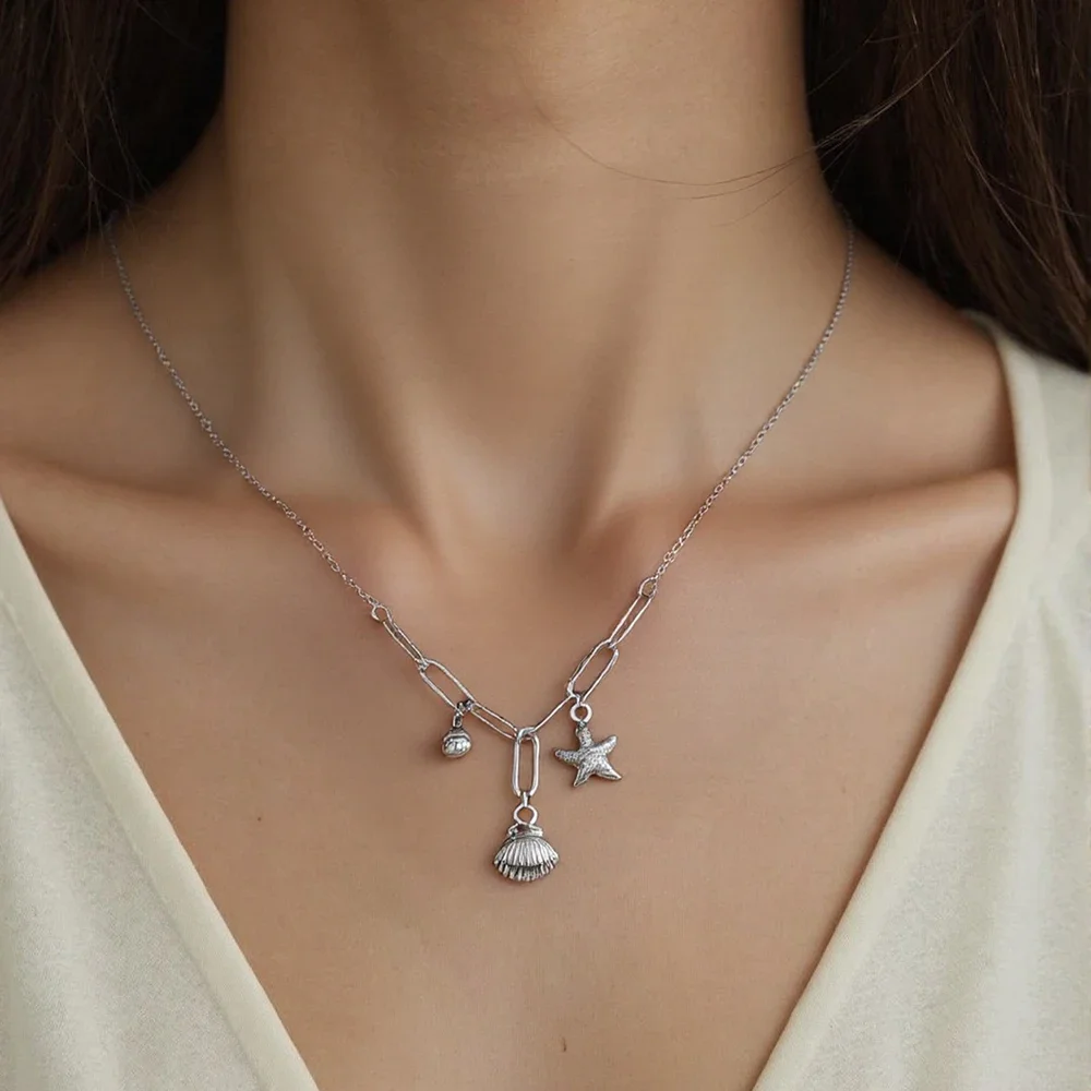 Skyrim Starfish Shell Zircon Pendant Necklace Women Stainless Steel Paperclip Chain Choker Beach Jewelry Gift Wholesale