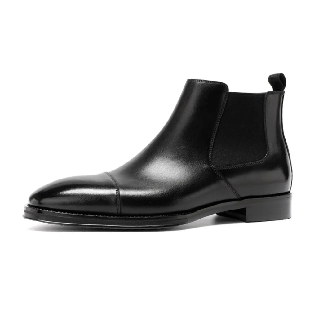 Genuine Leather Mens Boots Business Formal Pointed Toe Slip on High Top Ankle Boots Pure Leather