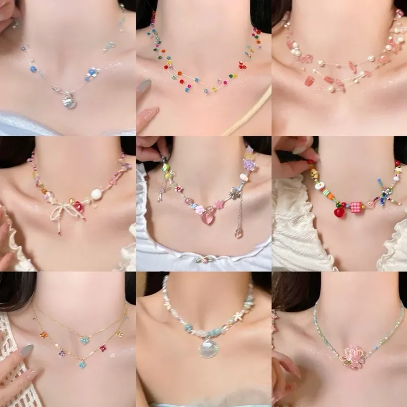 2026 Summer Color Stars Beaded Pendant Necklace for Women Sweet Small Fresh Clavicle Chain Vacation Style Niche Versatile