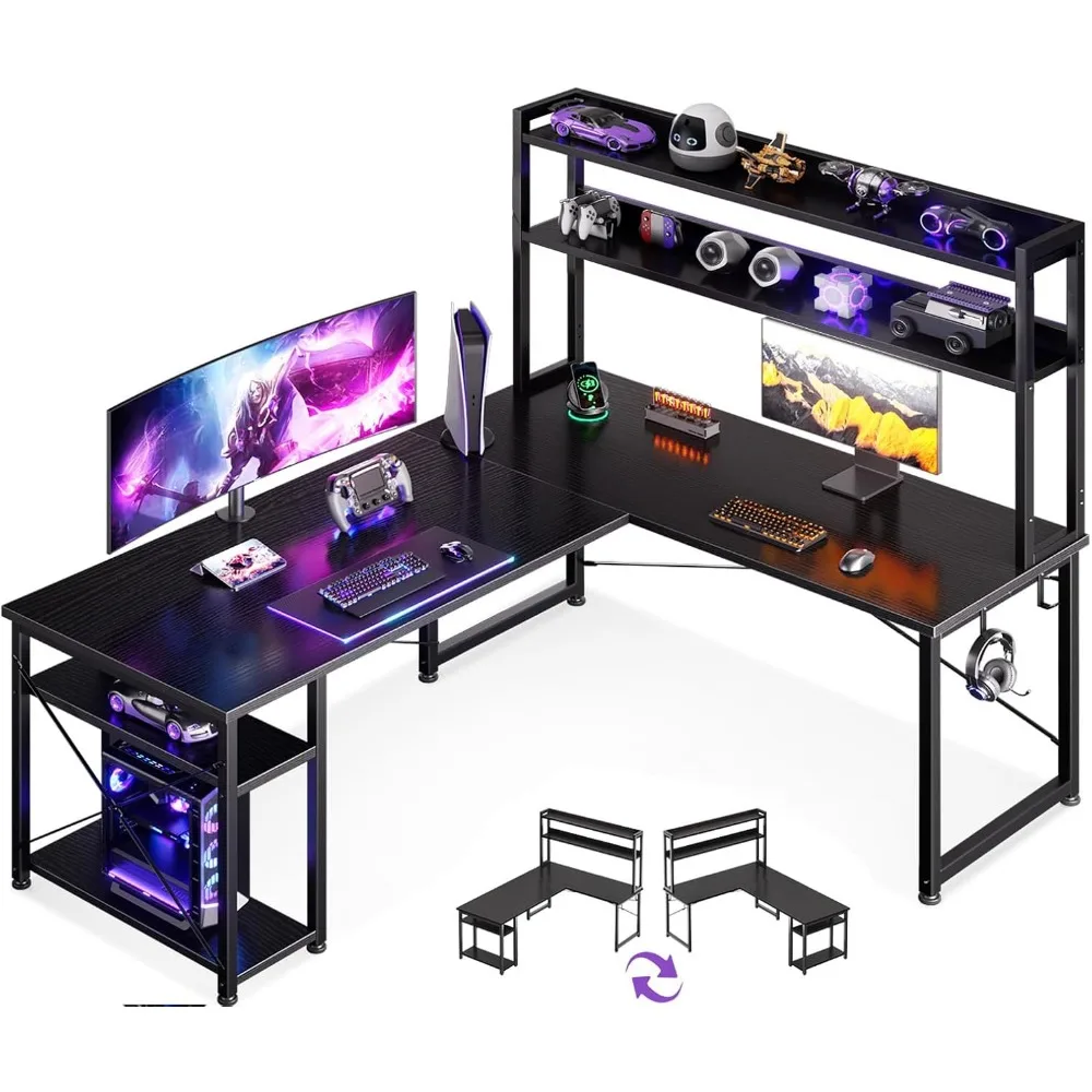 L Shaped Gaming Desk with Hutch 2 Power Outlets & 2 LED Strip Monitor Stand, 66