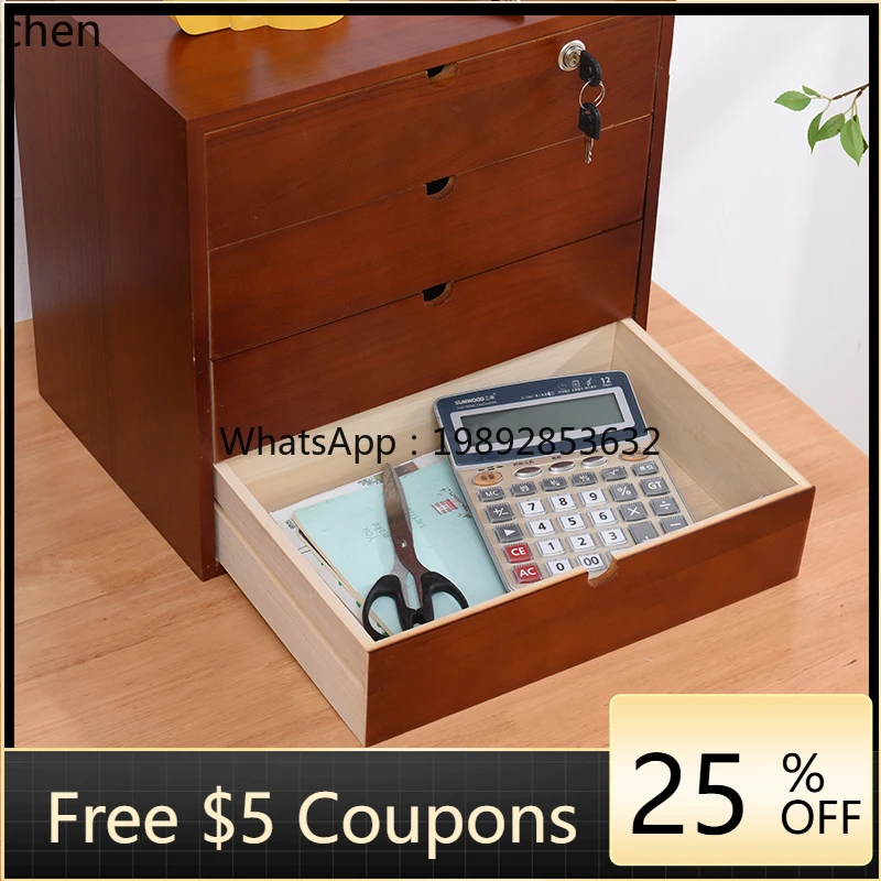 Desktop Storage Box Drawer-Type Wooden Organizer Multi-Layer Document Home Use Lockable Storage Box
