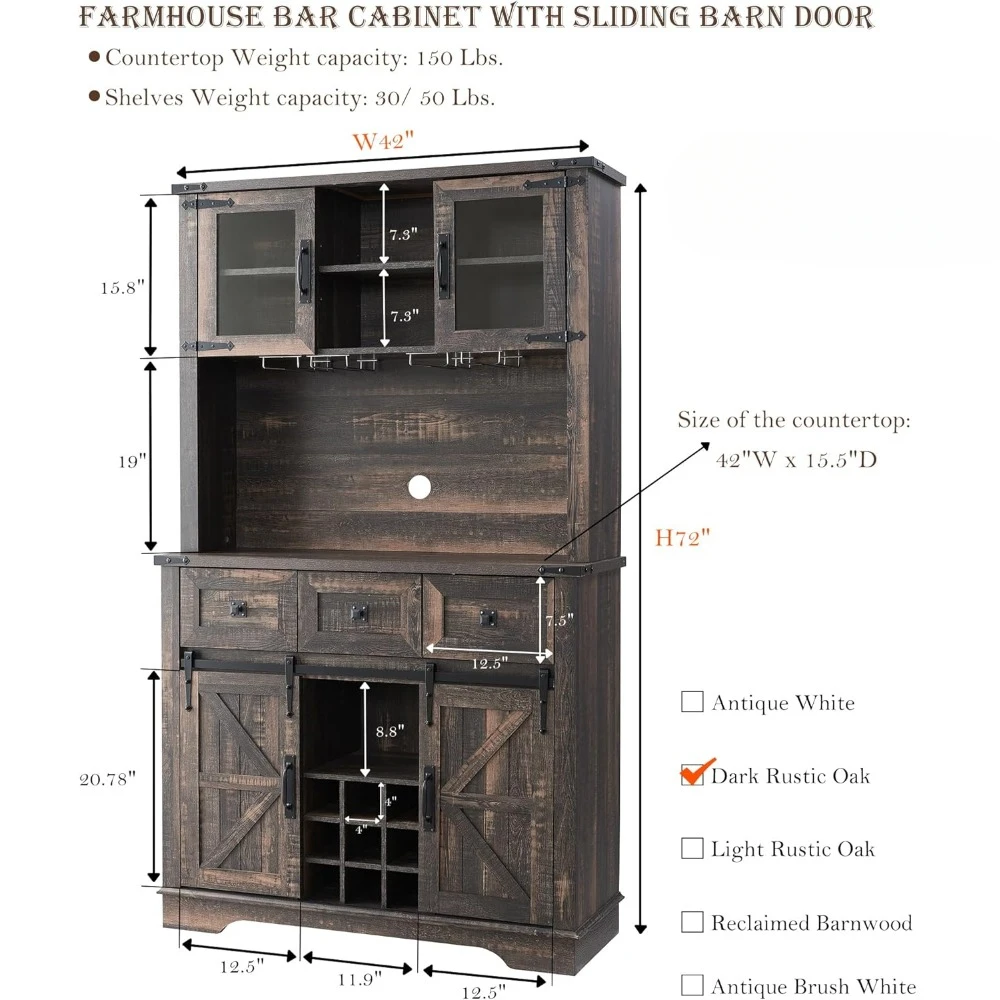 Farmhosue Barschrank mit Schiebetür, großes Küchenbuffet mit Schrank mit Wein- und Brillenregal, Schubladen, Lagerregale
