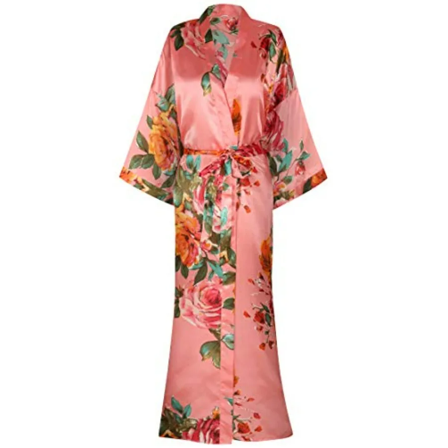 

goodmansam Women's Long Floral Satin Kimono Robes Bridal Dressing Gown Wedding Bridesmaid Nightgown