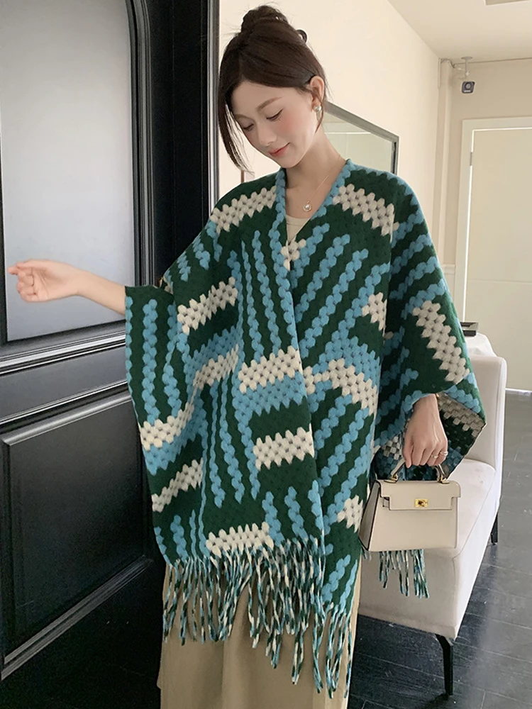 Eleganter Winterschal für Damen, Vintage-Streifenmuster, Plaid-Wickelschal, Lässiger Warmer Schal, Cape für Frauen, Weicher Komfortabler Umhang, Neu