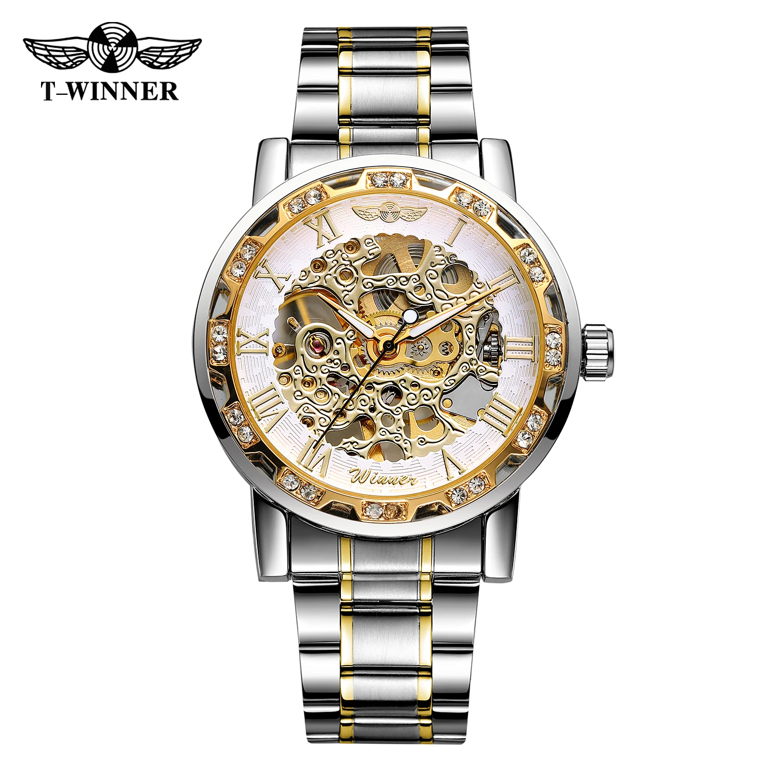 

T-WINNER модные повседневные мужские механические часы со скелетом с гравировкой, роскошные светящиеся указатели со стразами, серебристые стальные мужские наручные часы