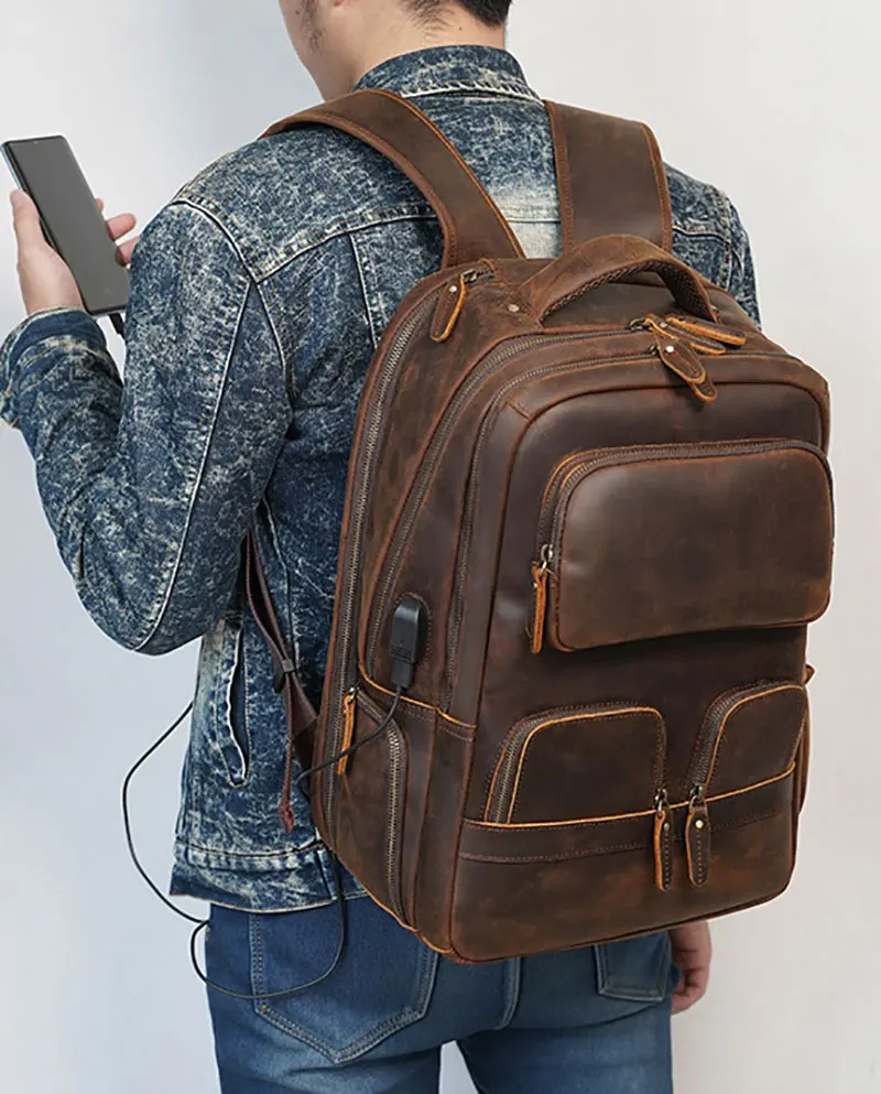 Double Layer Leather Backpack of men male large capacity travel bag men bagpack usb charging usb connector leather laptop bag