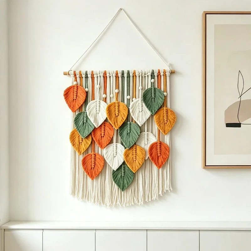 Vintage Multi Layered Leaves Weaving Tapestry Cotton Rope Decoration Home Autumn Colors Pendant Handmade Art Tassel Wall Carpet